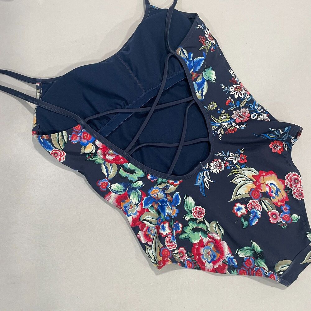 ~ Johnny Was Lg Swimsuit 1-Piece Navy Floral Tank Lace-Back Strappy Large 10/12 - Picture 11 of 16